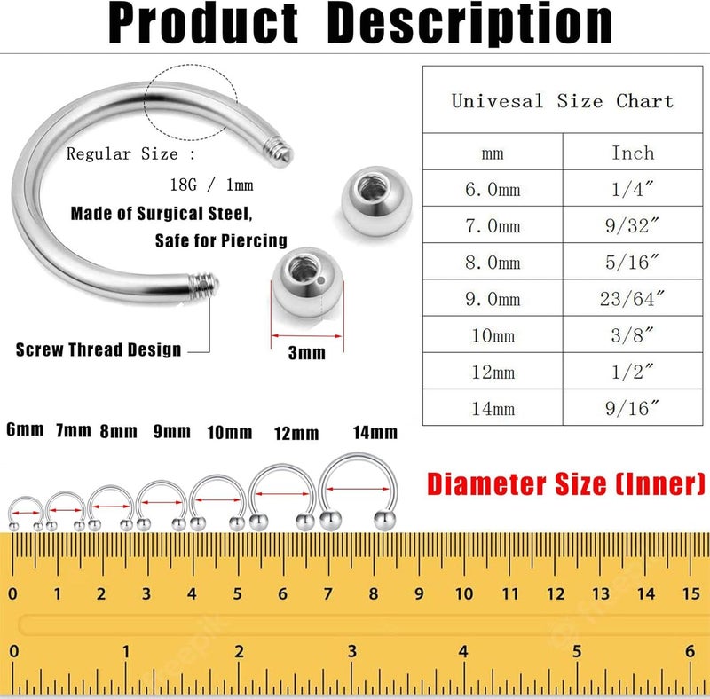 Earmark 7Pairs 6/7/8/9/10/12/14MM Surgical Steel Horseshoe Small Septum Rings Smiley Piercing Jewelry Circular Curved Barbell Piercing Hoops Set for Nose Nipple Nostril Cartilage Helix Daith Tragus Lip Eyebrow - Image 1